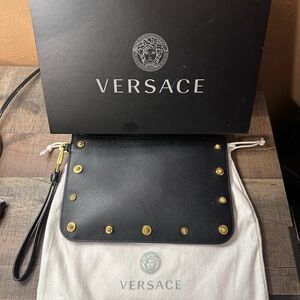 Versace Black Leather Pouch with Gold Logo